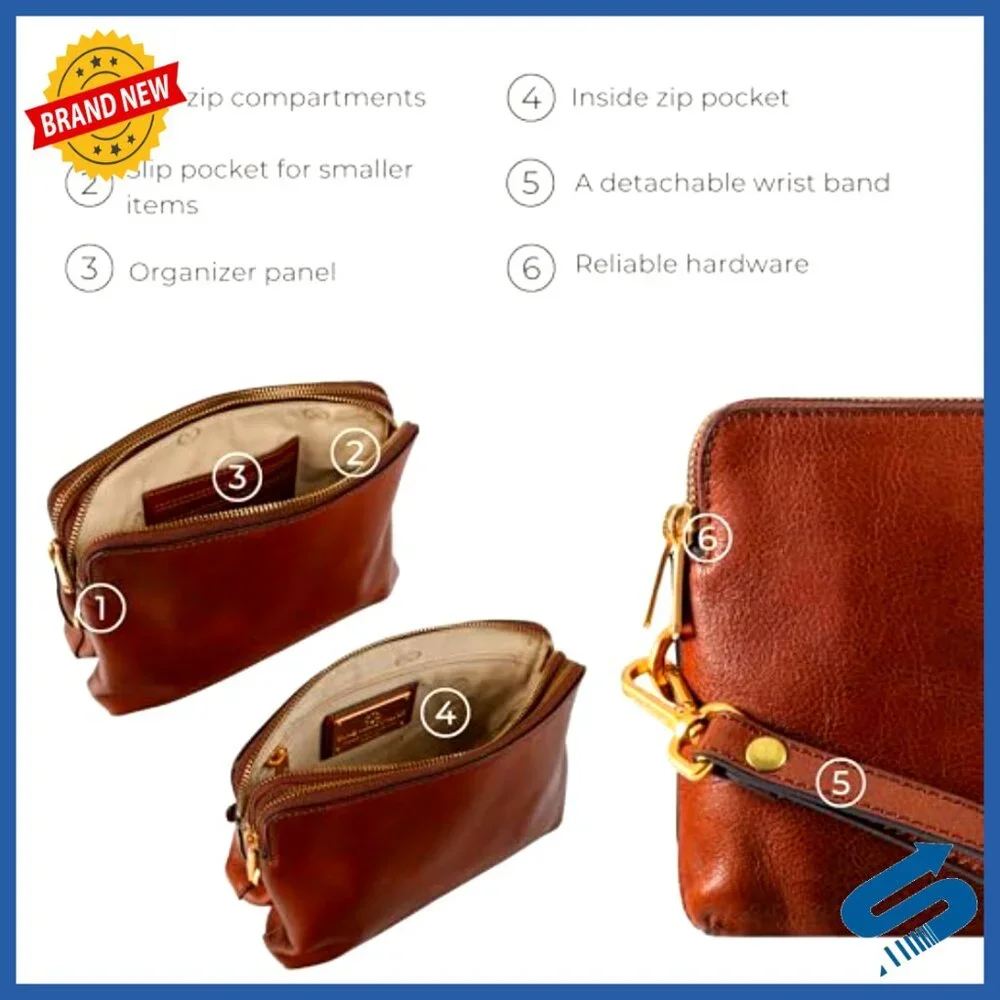 Handmade Italian Leather Clutch with Wrist Strap, Organizer Pockets